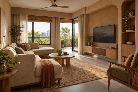 AI-generated living room design concept: double-aspect apartment, earth and bamboo direction