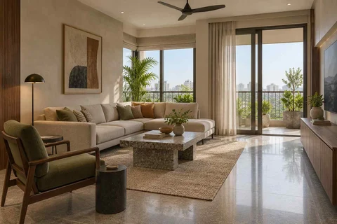 AI-generated living room design concept: double-aspect apartment, granite precision direction