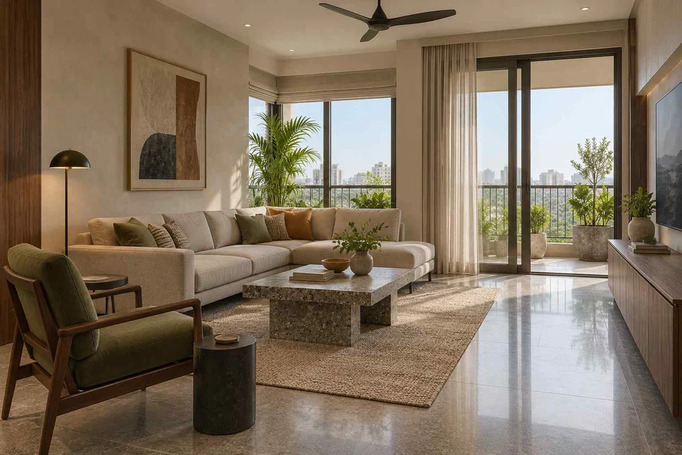 AI-generated living room design concept: double-aspect apartment, granite precision direction