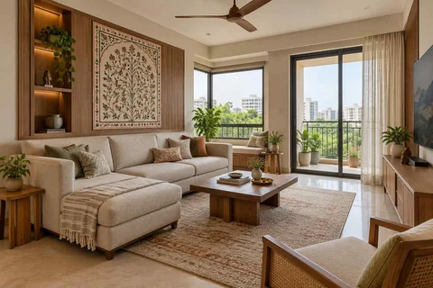 AI-generated living room design concept: double-aspect apartment, inlay atelier direction