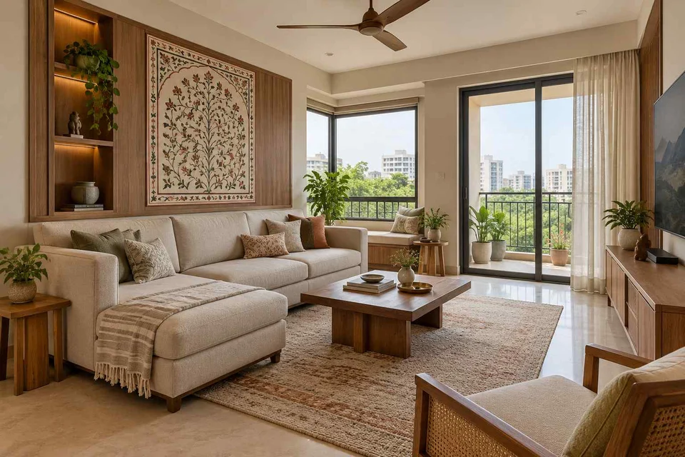 AI-generated living room design concept: double-aspect apartment, inlay atelier direction