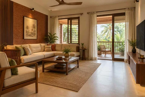 AI-generated living room design concept: double-aspect apartment, malabar timber direction