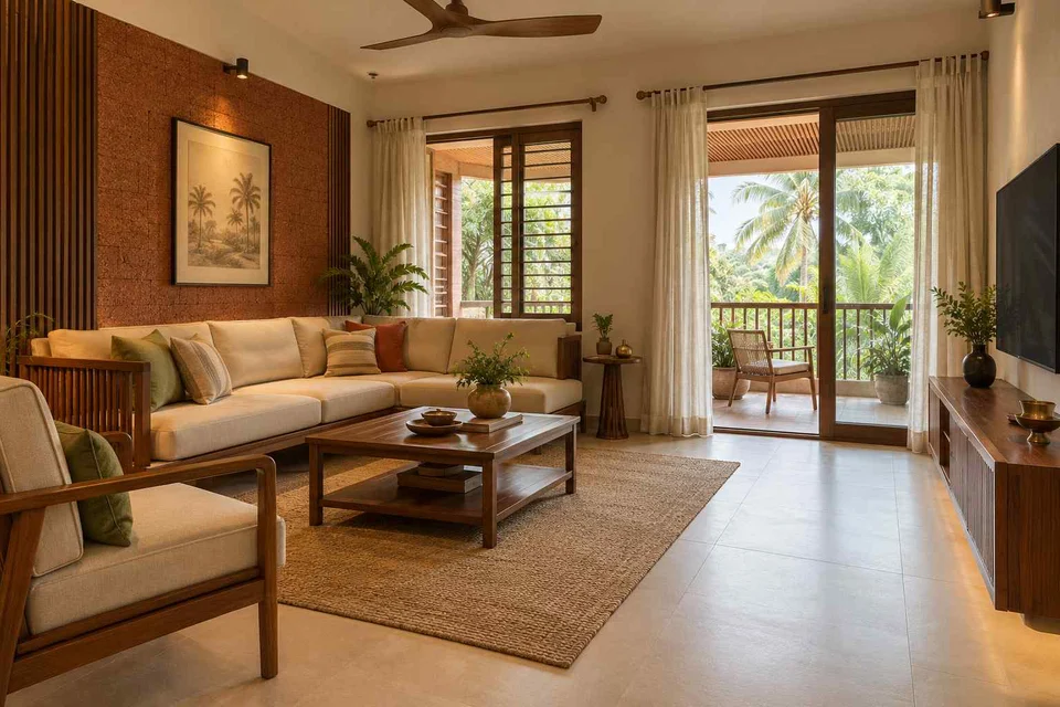 AI-generated living room design concept: double-aspect apartment, malabar timber direction