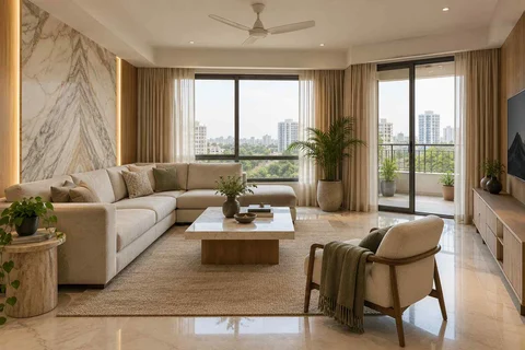 AI-generated living room design concept: double-aspect apartment, marble restraint direction