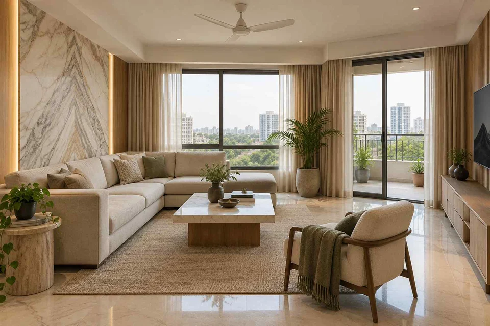 AI-generated living room design concept: double-aspect apartment, marble restraint direction