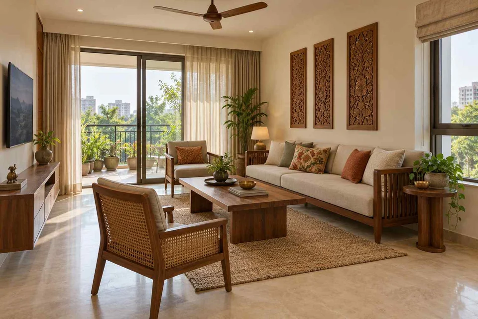 AI-generated living room design concept: double-aspect apartment, modern carved direction