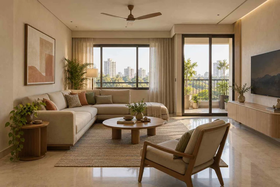 AI-generated living room design concept: double-aspect apartment, quiet contemporary direction