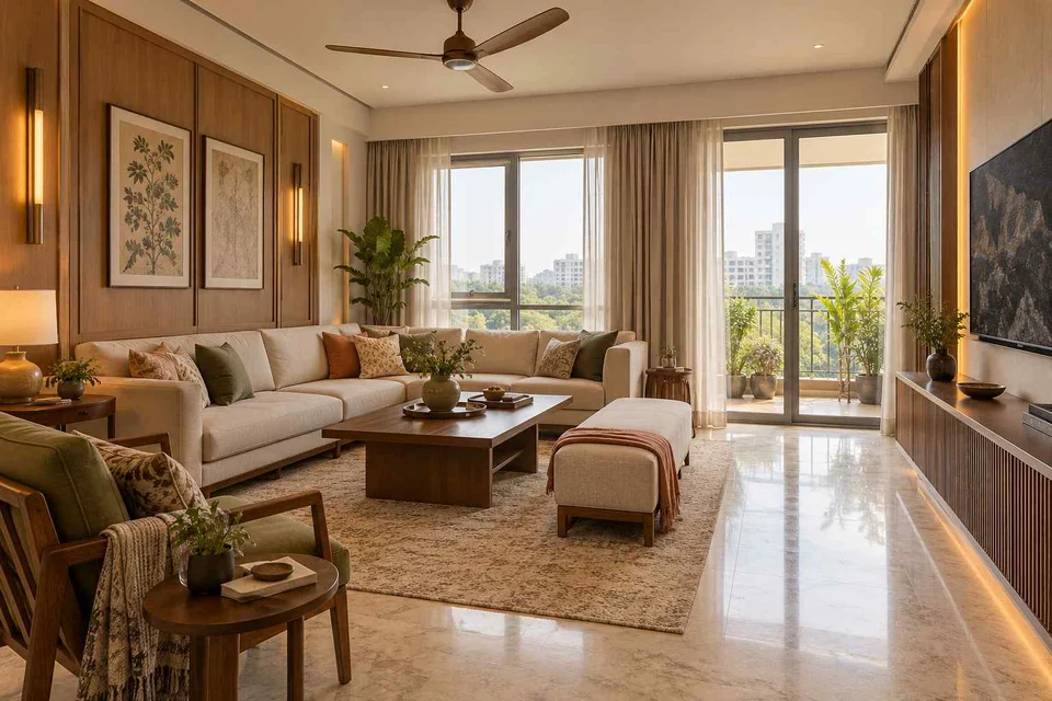 AI-generated living room design concept: double-aspect apartment, quiet transitional direction