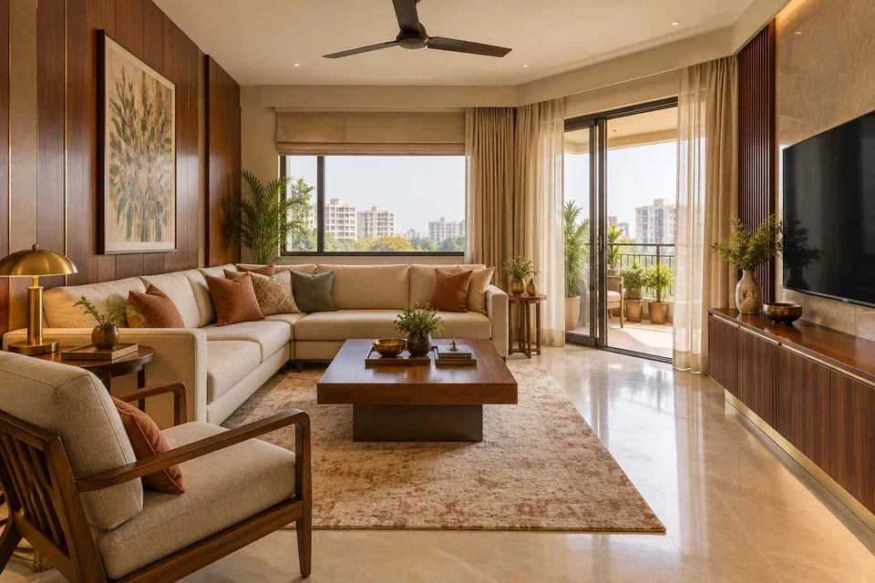 AI-generated living room design concept: double-aspect apartment, rosewood brass direction