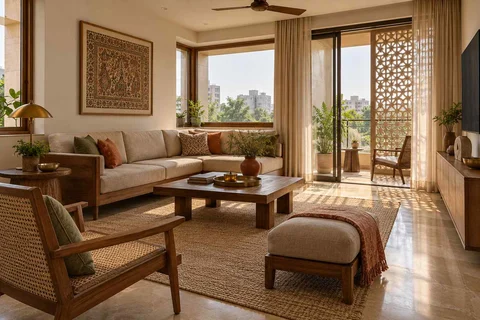 AI-generated living room design concept: double-aspect apartment, sandstone lattice direction