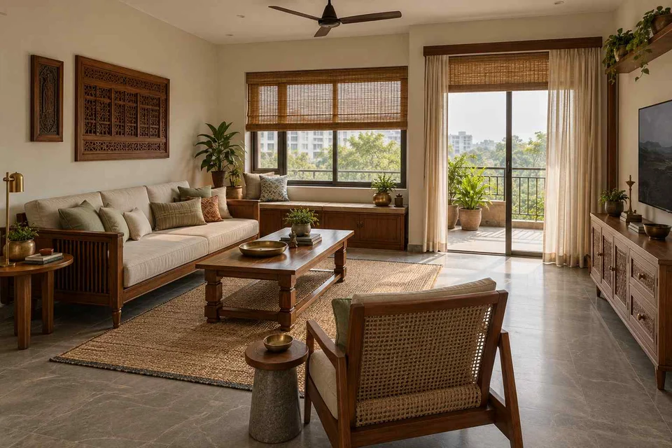AI-generated living room design concept: double-aspect apartment, teak craft direction