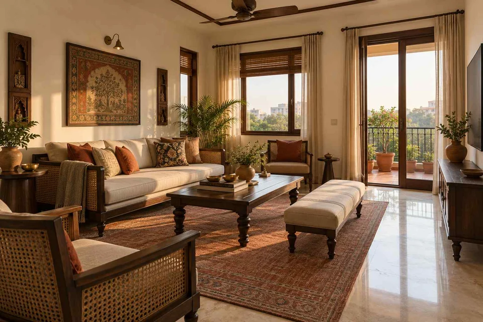 AI-generated living room design concept: double-aspect apartment, terracotta heritage direction