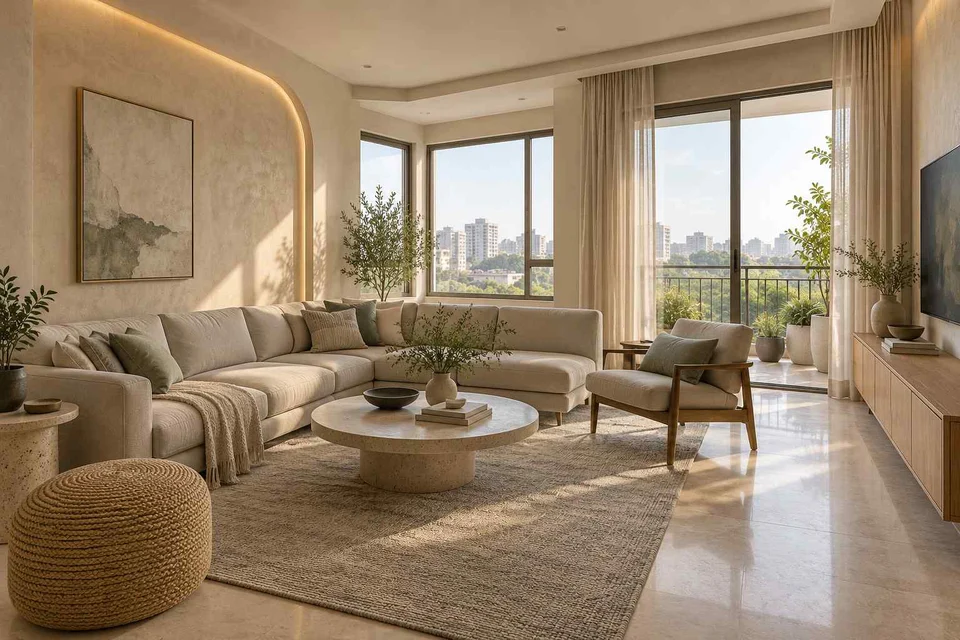 AI-generated living room design concept: double-aspect apartment, textured mineral direction