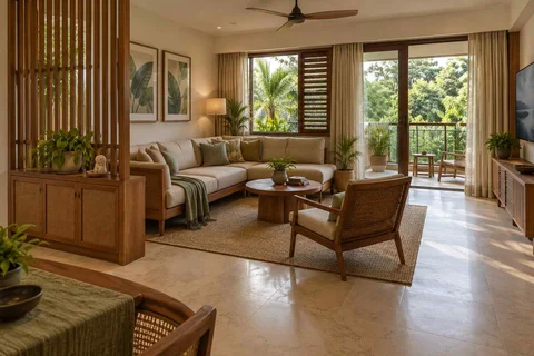 AI-generated living room design concept: double-aspect apartment, tropical slatted direction