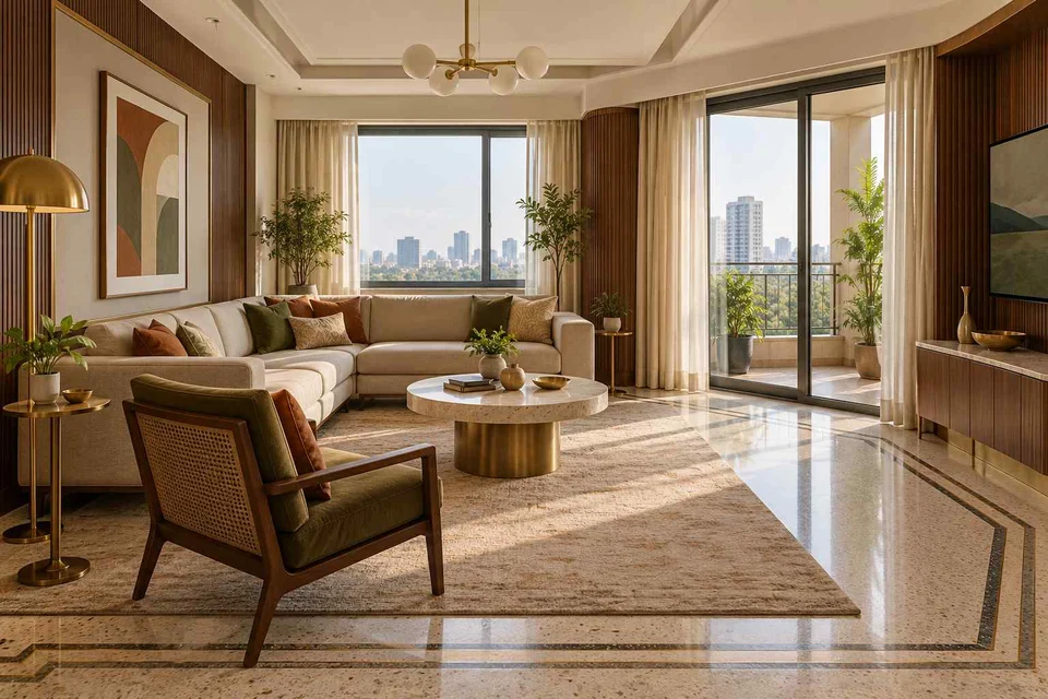 AI-generated living room design concept: double-aspect apartment, urban deco direction