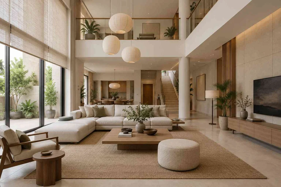 AI-generated living room design concept: double-height family lounge, ash and linen direction