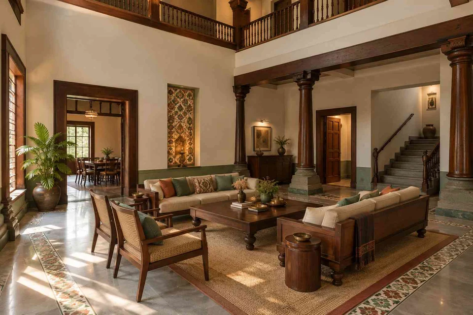 AI-generated living room design concept: double-height family lounge, chettinad tile direction