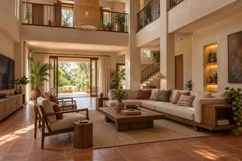 AI-generated living room design concept: double-height family lounge, clay artisan direction