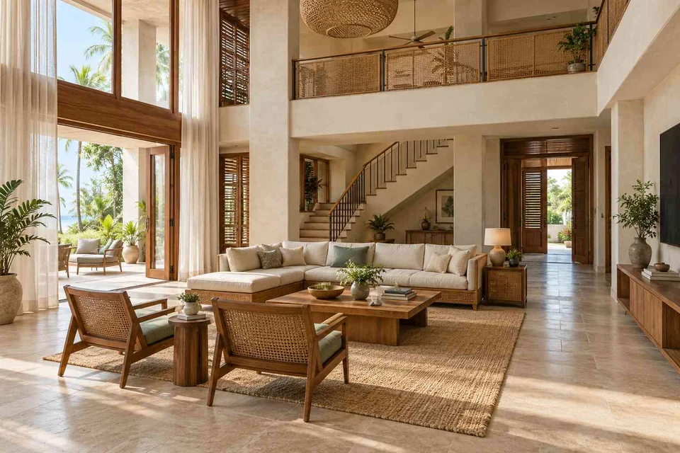 AI-generated living room design concept: double-height family lounge, coastal woven direction
