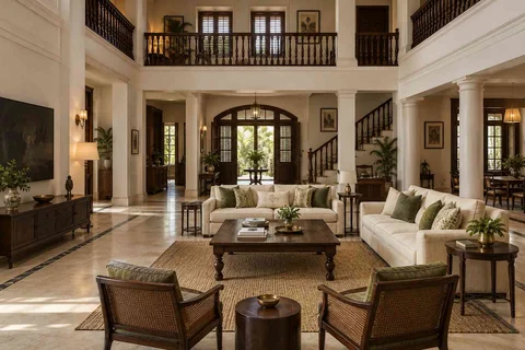 AI-generated living room design concept: double-height family lounge, colonial quiet direction