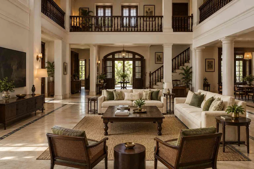 AI-generated living room design concept: double-height family lounge, colonial quiet direction