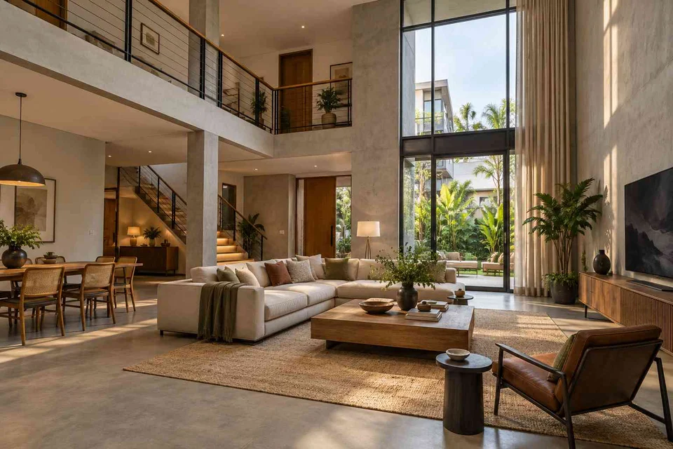 AI-generated living room design concept: double-height family lounge, concrete and oak direction