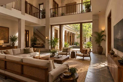 AI-generated living room design concept: double-height family lounge, courtyard modern direction