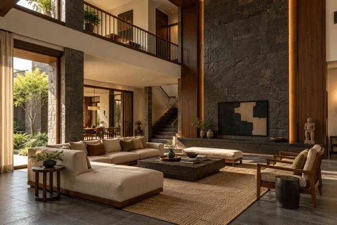 AI-generated living room design concept: double-height family lounge, deccan stone direction