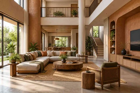 AI-generated living room design concept: double-height family lounge, earth and bamboo direction