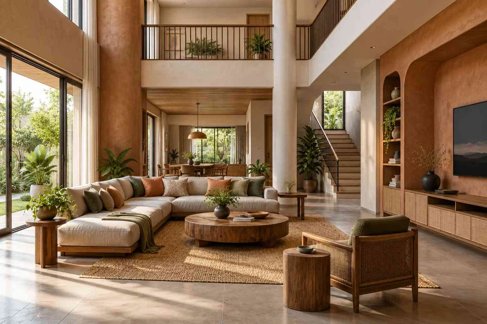 AI-generated living room design concept: double-height family lounge, earth and bamboo direction