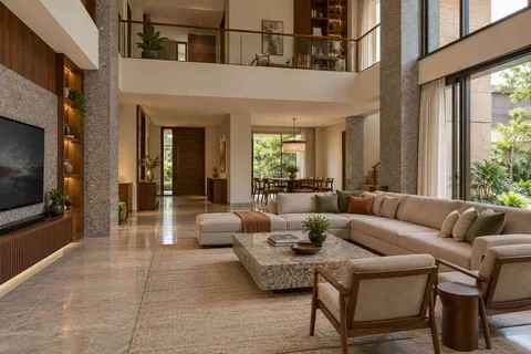 AI-generated living room design concept: double-height family lounge, granite precision direction