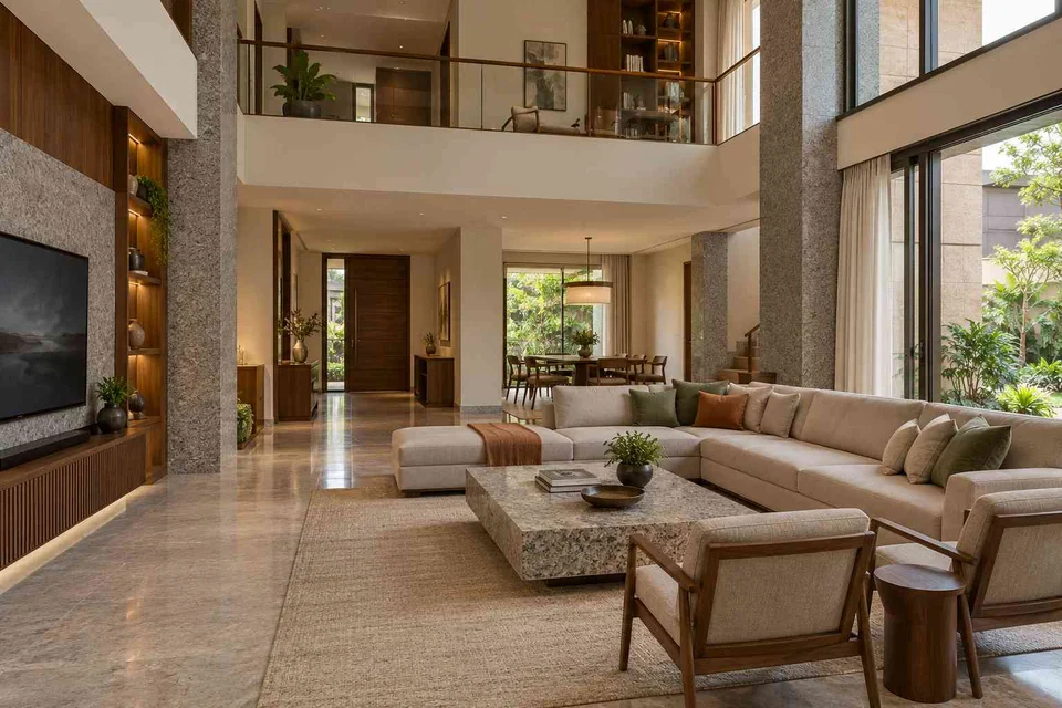 AI-generated living room design concept: double-height family lounge, granite precision direction