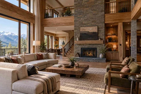 AI-generated living room design concept: double-height family lounge, hill timber direction