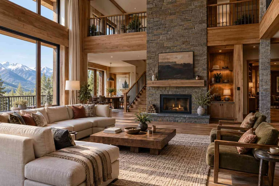 AI-generated living room design concept: double-height family lounge, hill timber direction