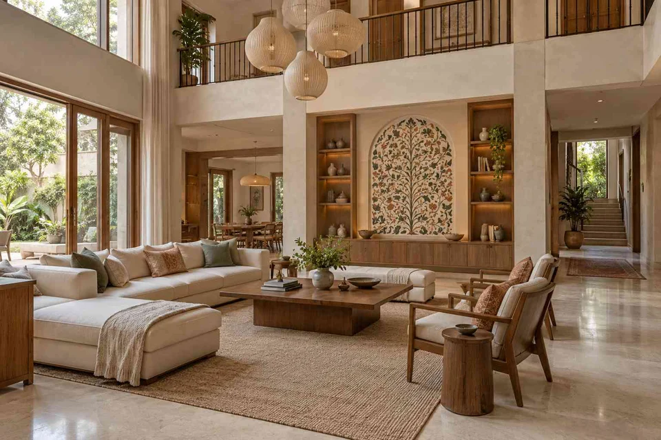 AI-generated living room design concept: double-height family lounge, inlay atelier direction