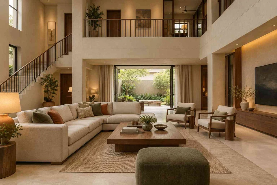 AI-generated living room design concept: double-height family lounge, lime and walnut direction