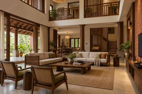 AI-generated living room design concept: double-height family lounge, malabar timber direction