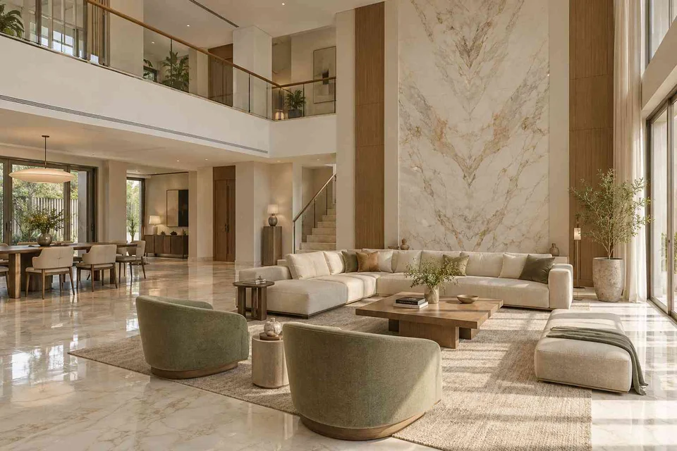 AI-generated living room design concept: double-height family lounge, marble restraint direction