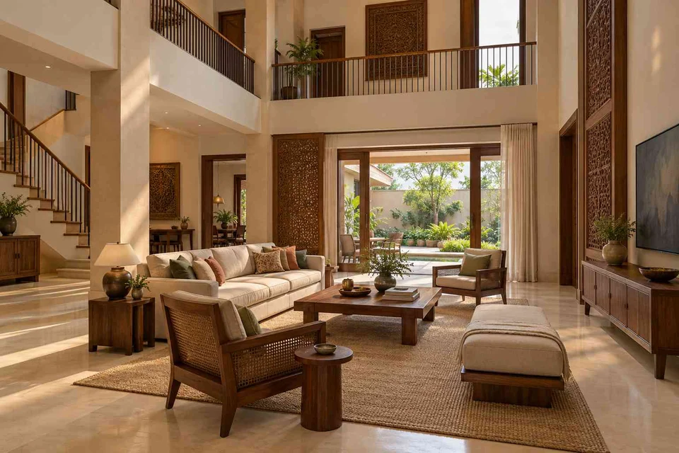 AI-generated living room design concept: double-height family lounge, modern carved direction
