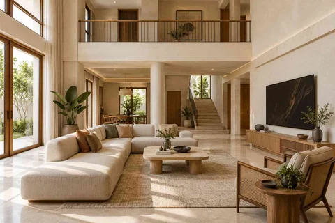 AI-generated living room design concept: double-height family lounge, quiet contemporary direction
