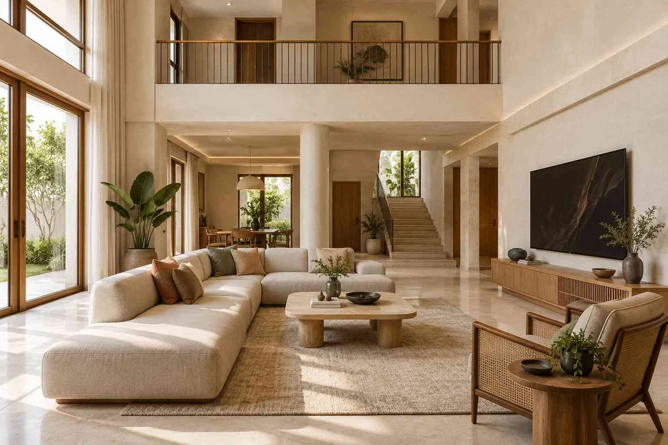 AI-generated living room design concept: double-height family lounge, quiet contemporary direction