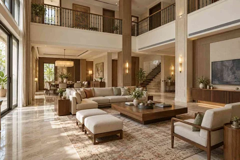 AI-generated living room design concept: double-height family lounge, quiet transitional direction