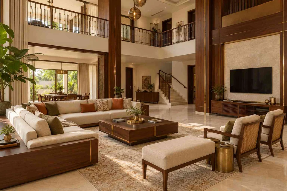 AI-generated living room design concept: double-height family lounge, rosewood brass direction