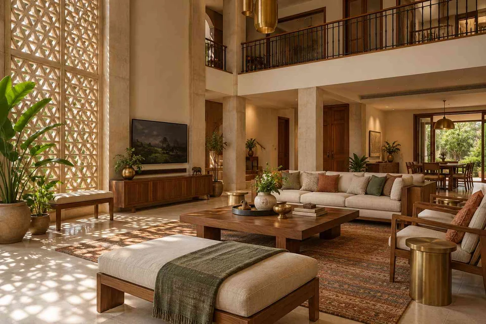 AI-generated living room design concept: double-height family lounge, sandstone lattice direction