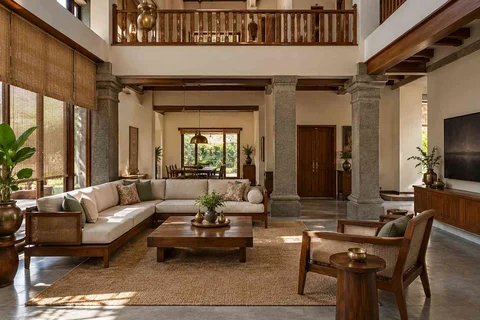 AI-generated living room design concept: double-height family lounge, teak craft direction