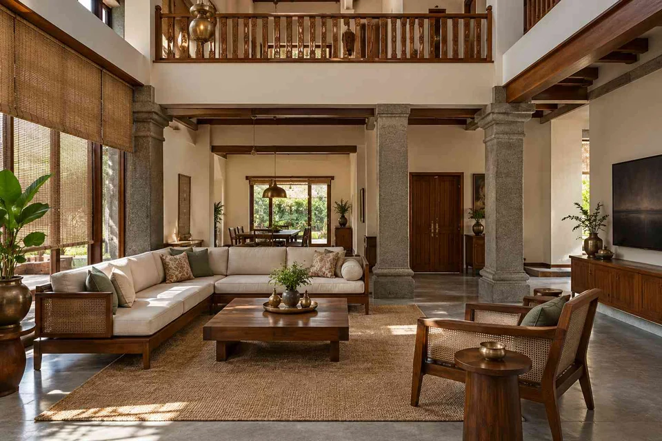 AI-generated living room design concept: double-height family lounge, teak craft direction