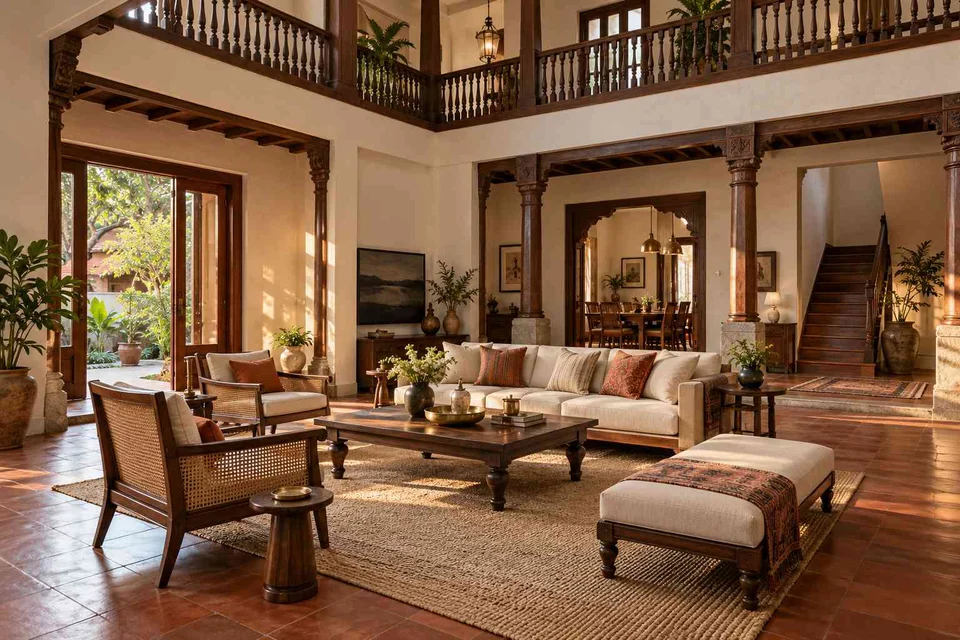 AI-generated living room design concept: double-height family lounge, terracotta heritage direction