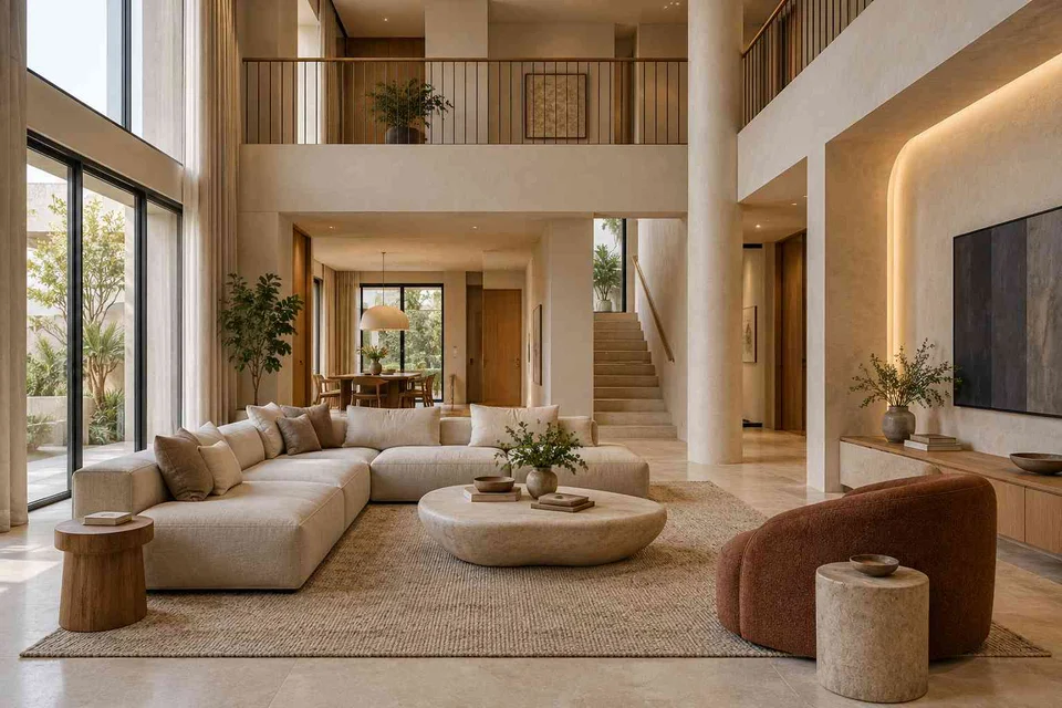 AI-generated living room design concept: double-height family lounge, textured mineral direction