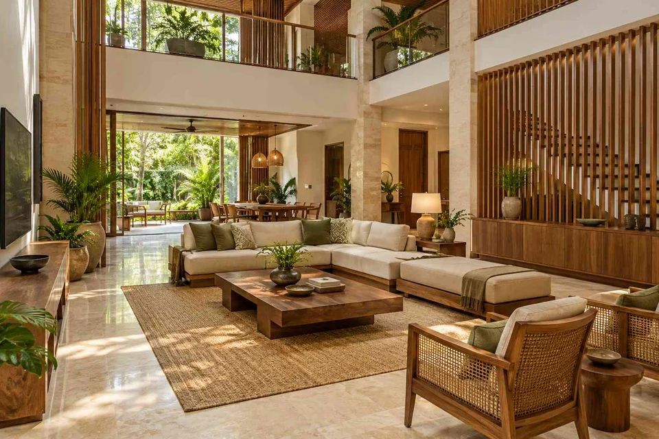 AI-generated living room design concept: double-height family lounge, tropical slatted direction