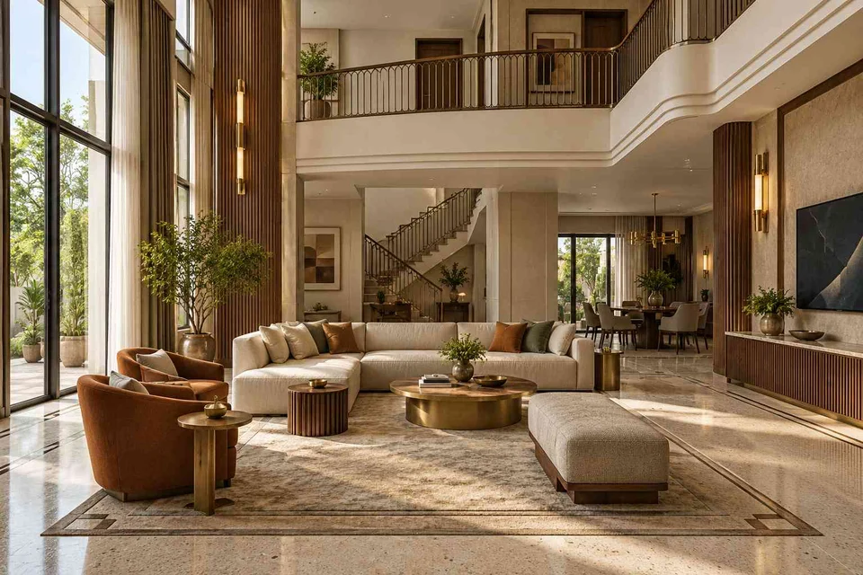 AI-generated living room design concept: double-height family lounge, urban deco direction